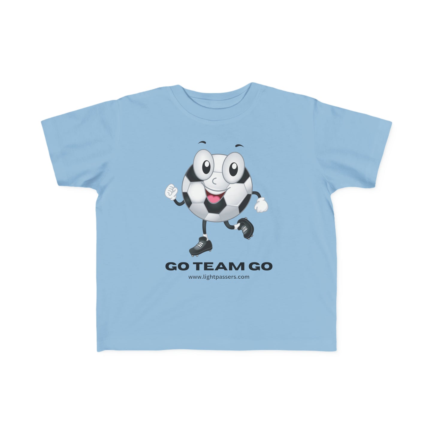 A blue toddler t-shirt featuring a cartoon football ball design. Made of 100% combed, ring-spun cotton for softness. Durable print, tear-away label, classic fit. Ideal for little adventurers.