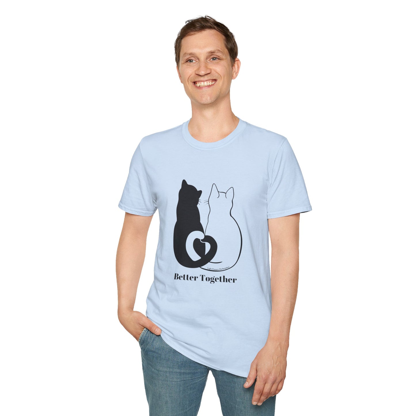 Man smiling in Love and Peace Cat Love T-Shirt, featuring two cats with intertwined tails, symbolizing unity. Ideal for casual wear and special occasions.