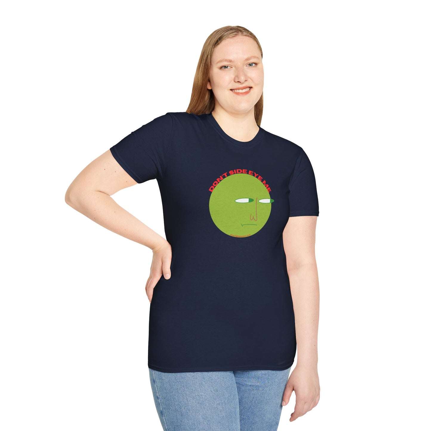 A woman in a blue shirt smiles, showcasing the Don't Side Eye Me unisex t-shirt. Made of soft 100% cotton, with twill tape shoulders and no side seams for enhanced durability and comfort.