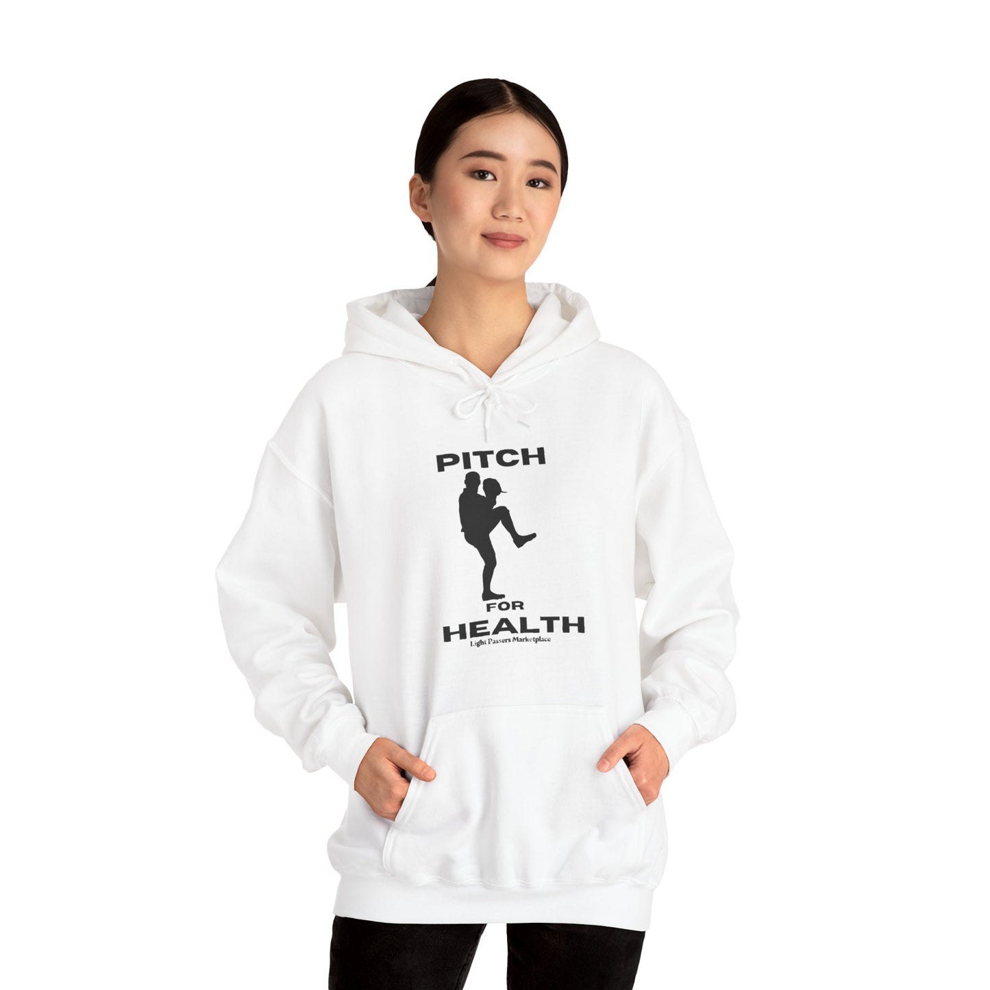 A white hooded sweatshirt featuring a baseball player design, kangaroo pocket, and color-matched drawstring. Made of 50% cotton and 50% polyester for comfort and warmth.