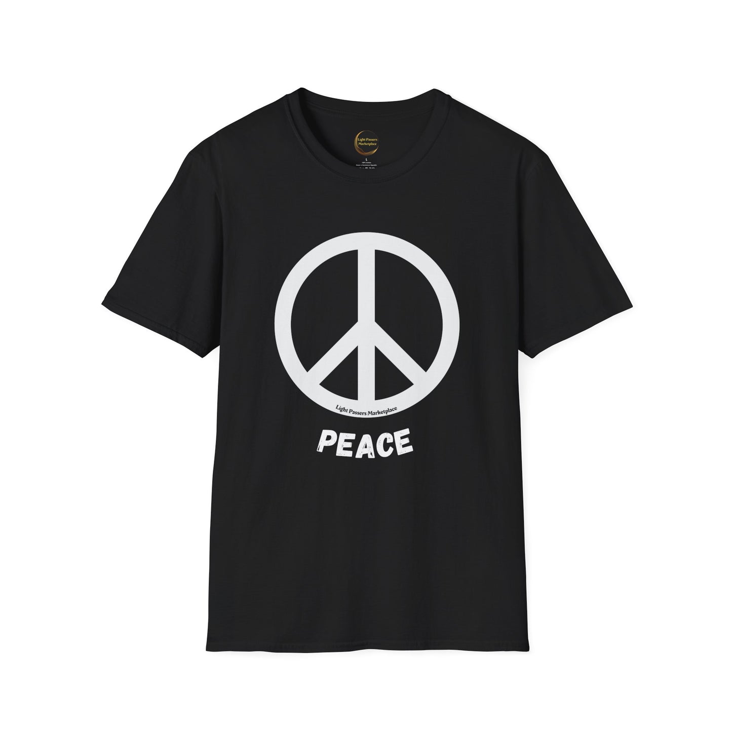 Love and Peace Black or White Peace Sign Adult Unisex T-Shirt featuring a bold peace symbol on a soft, durable cotton fabric, suitable for any casual occasion.