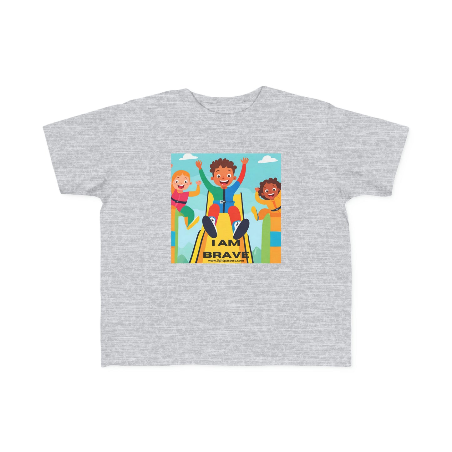 A grey toddler t-shirt featuring a cartoon of kids on a slide, embodying bravery. Made of soft 100% combed cotton, with a durable print, perfect for sensitive skin.