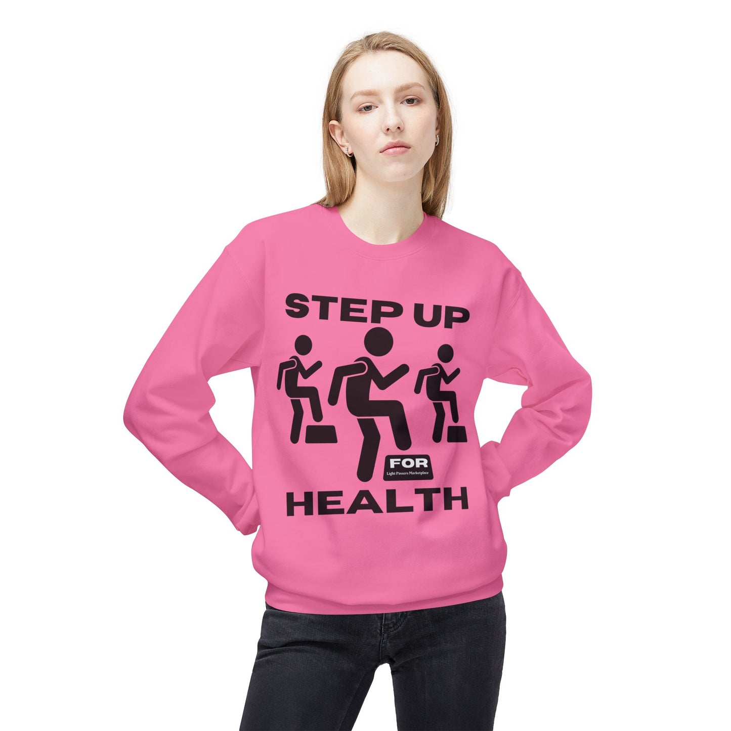Woman in Fitness Motivation Crewneck Sweatshirt - Step up for Health, showcasing its relaxed fit with dropped shoulders and ribbed cuffs for flexibility.