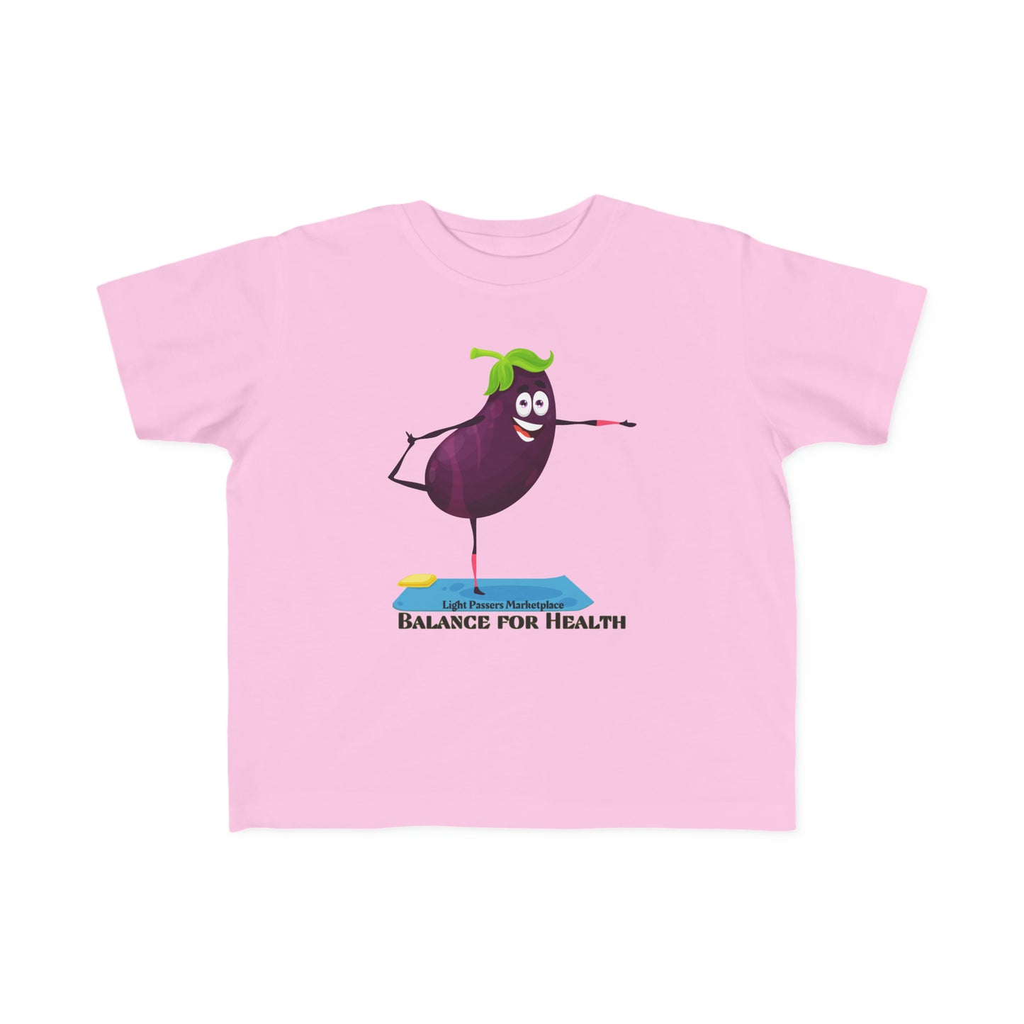 A toddler t-shirt featuring a cartoon eggplant design on light, soft fabric. Made of 100% combed, ring-spun cotton for sensitive skin, with a durable print. Classic fit, tear-away label, true to size.