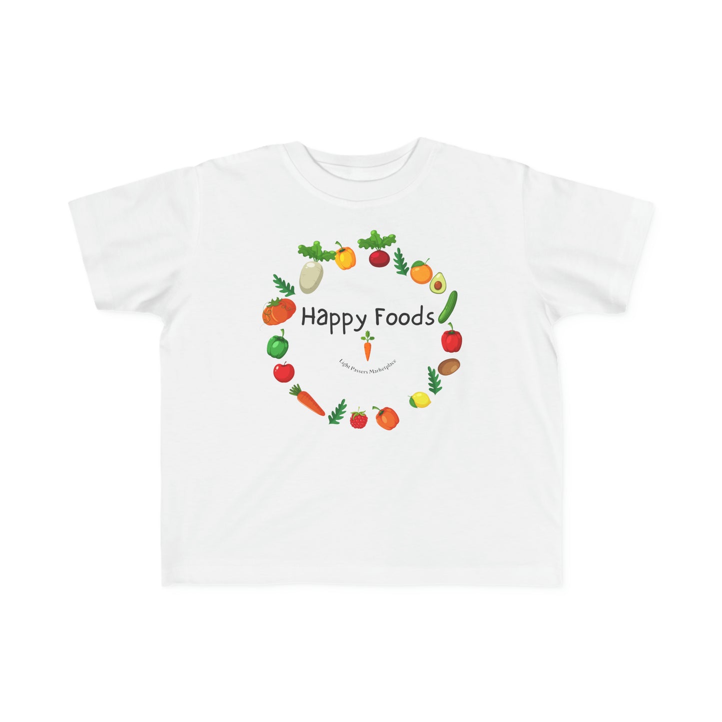 A toddler's white tee with a playful design featuring a carrot logo and radish cartoon. Made of soft, 100% combed cotton for sensitive skin, with a durable print.