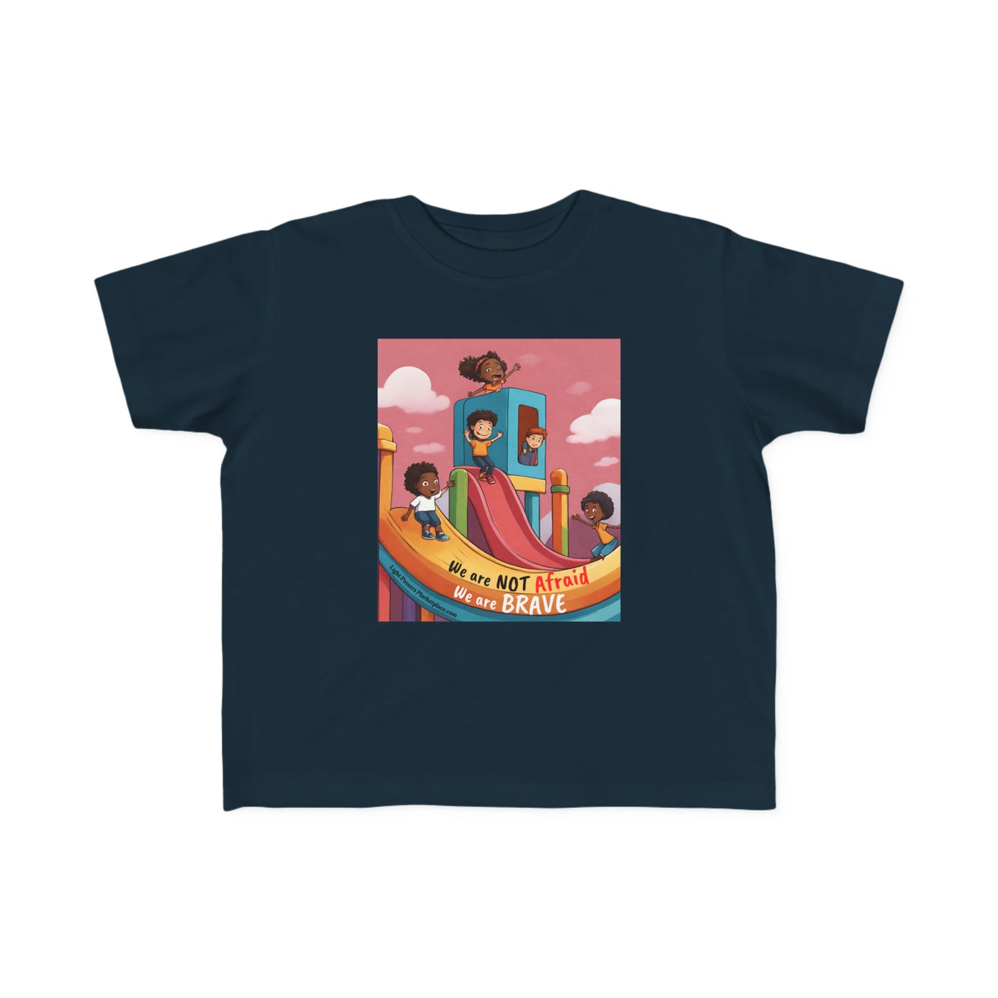 A toddler t-shirt featuring cartoon characters, including a boy on a slide, made of soft, durable 100% combed cotton. Perfect for sensitive skin, with a tear-away label and a classic fit.