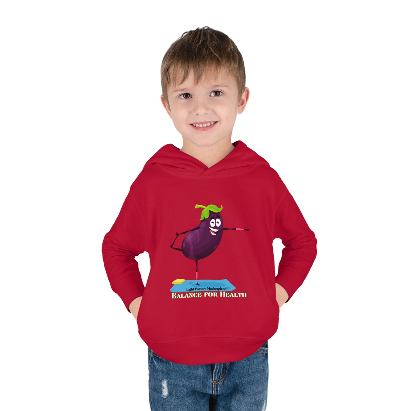 A toddler wearing a red hoodie with a cartoon eggplant design, showcasing jersey-lined hood, cover-stitched details, and side seam pockets for comfort and durability.