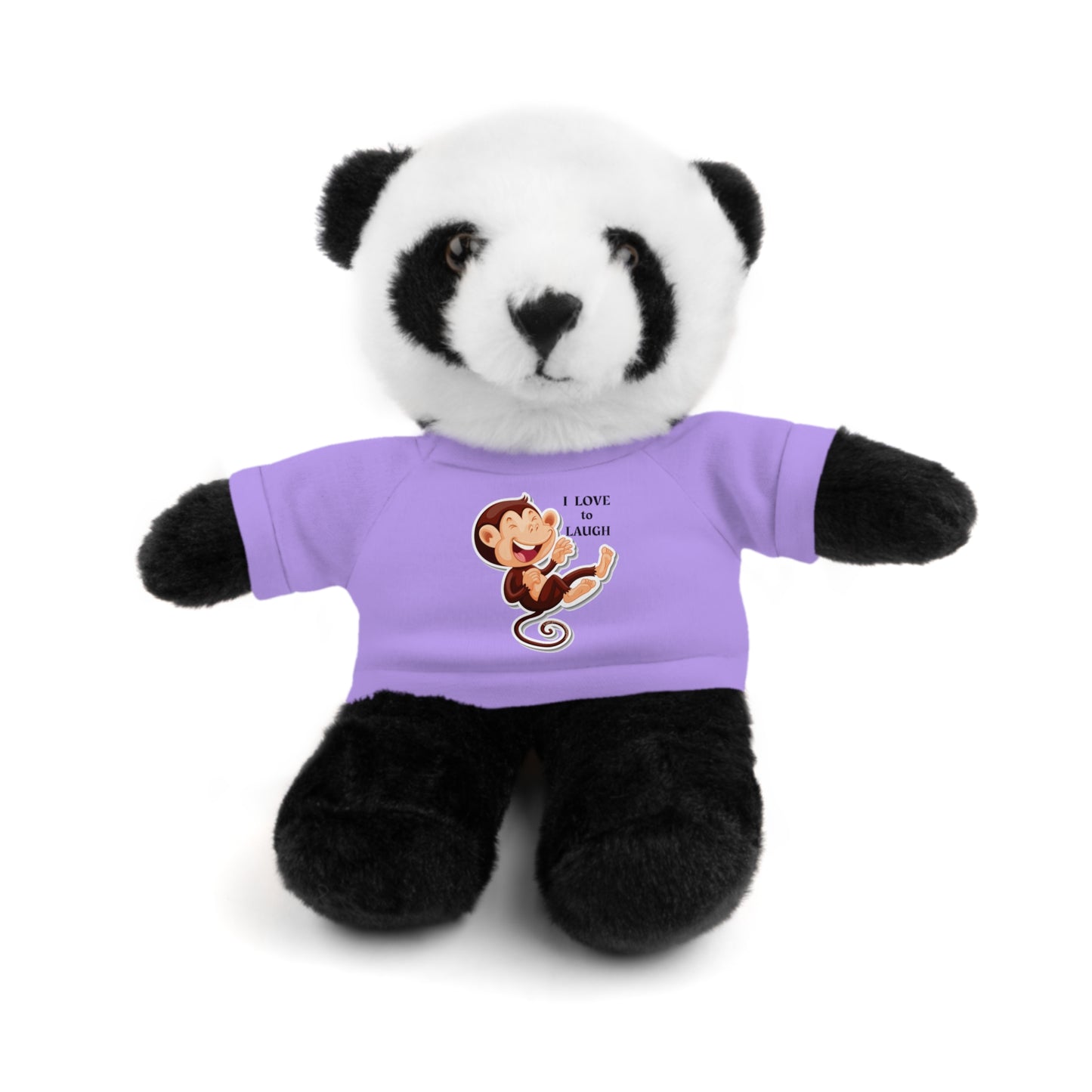 Stuffed panda bear with a removable purple I Love to Laugh t-shirt, part of the Cool Stuff Stuffies collection, featuring a laughing monkey design.
