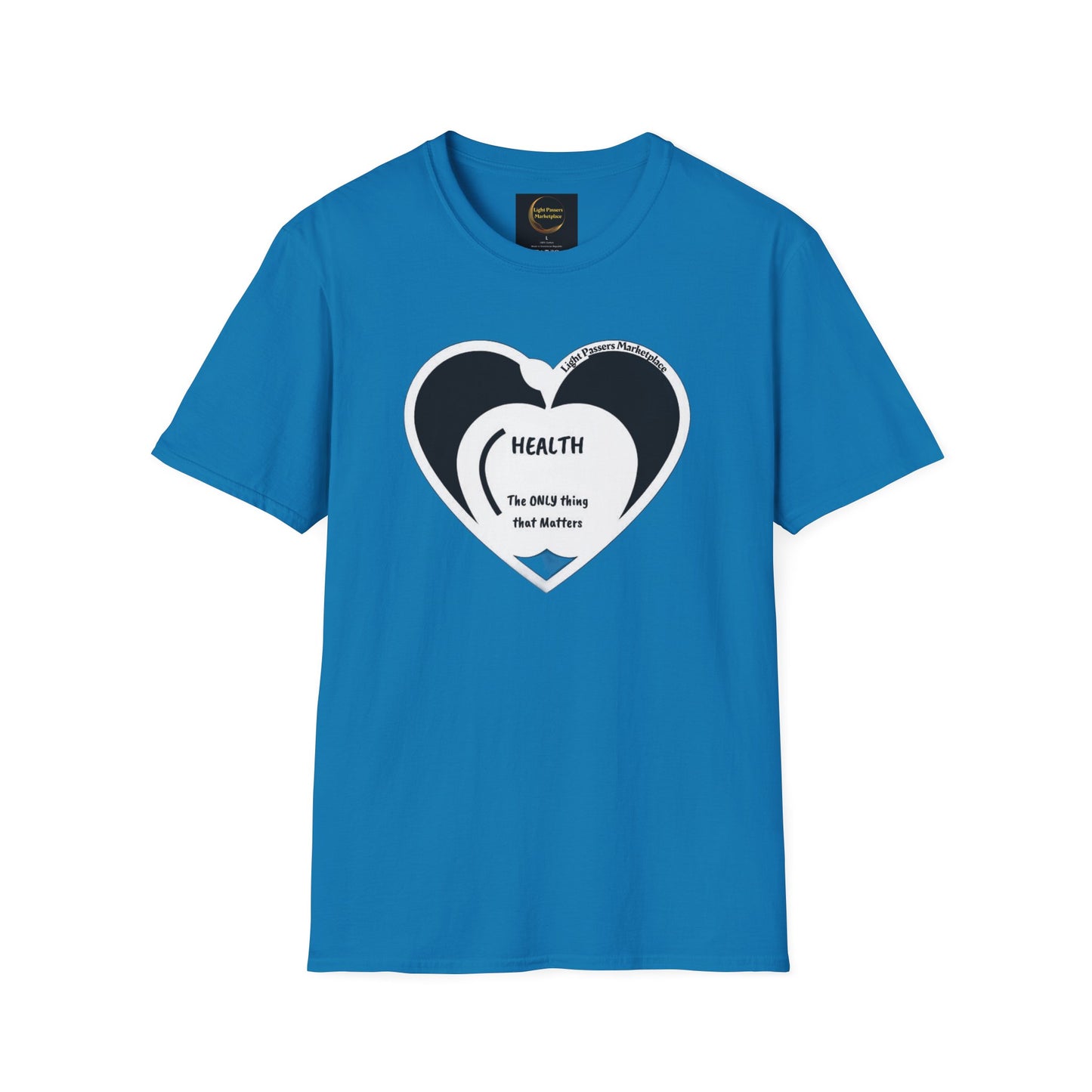 Health Happy Food Apple Adult Unisex T-Shirt featuring a heart design, soft 100% cotton, classic fit, crew neckline, and durable twill-taped shoulders for comfort.