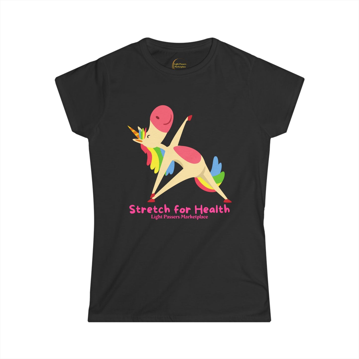 Women's Tee - Magical Unicorn Stretch for Health features a rainbow-maned unicorn in a yoga pose with Stretch for Health text, promoting wellness and whimsy.