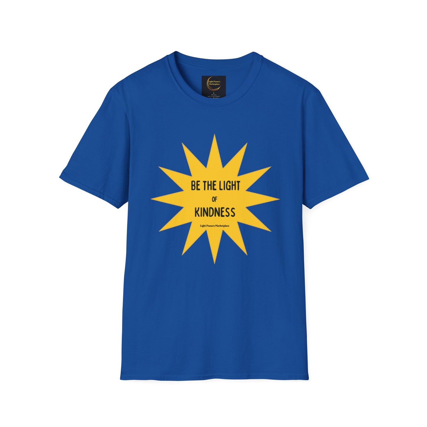 Unisex Be the Light of Kindness T-shirt featuring a yellow star design on a blue shirt. 100% cotton, no side seams, tear-away label, classic fit.