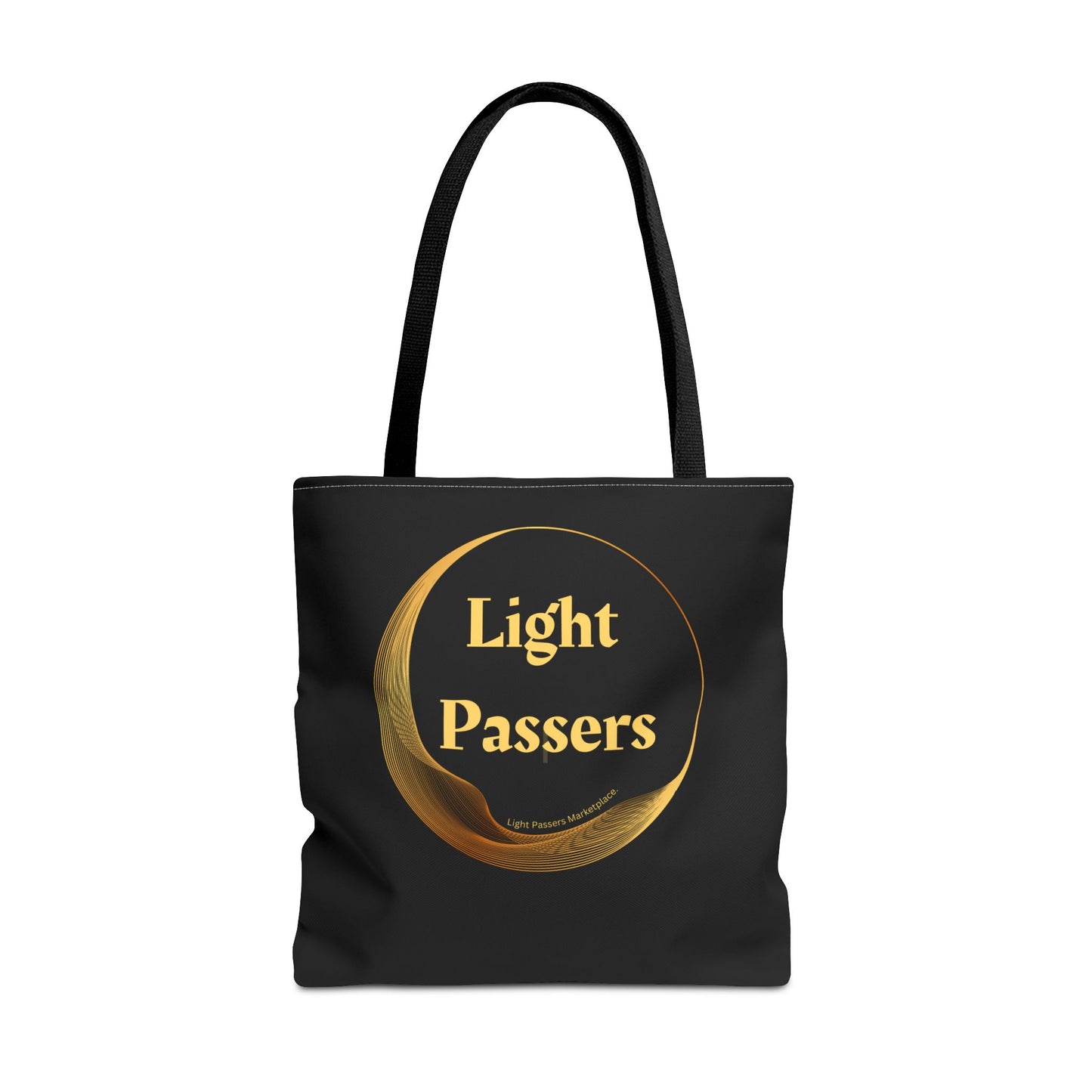 Cool Stuff Accessories Light Passers Gold Logo Tote Bag, black with gold logo, durable spun polyester, cotton webbing straps, available in three sizes.