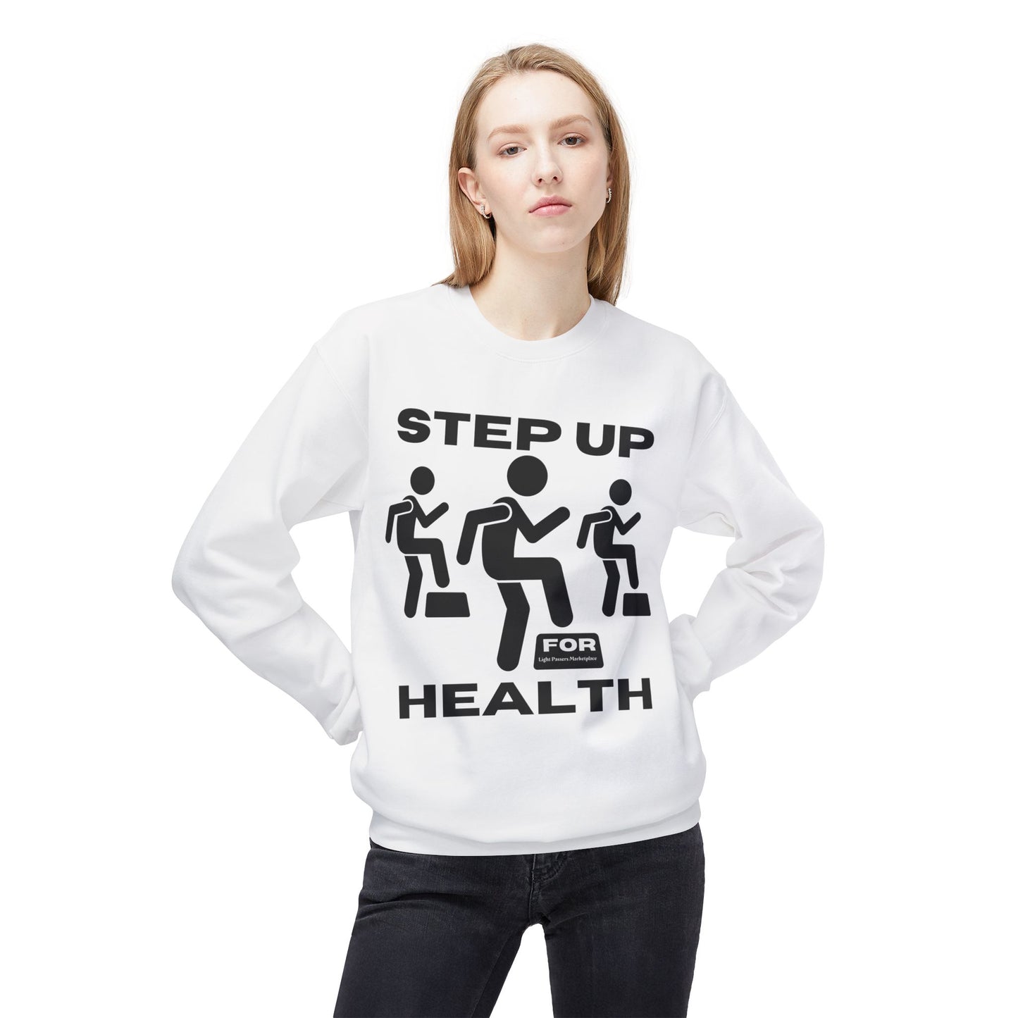 Woman in a white sweatshirt with black text, showcasing the Fitness Motivation Crewneck Sweatshirt - Step up for Health, featuring a relaxed fit and ribbed cuffs.