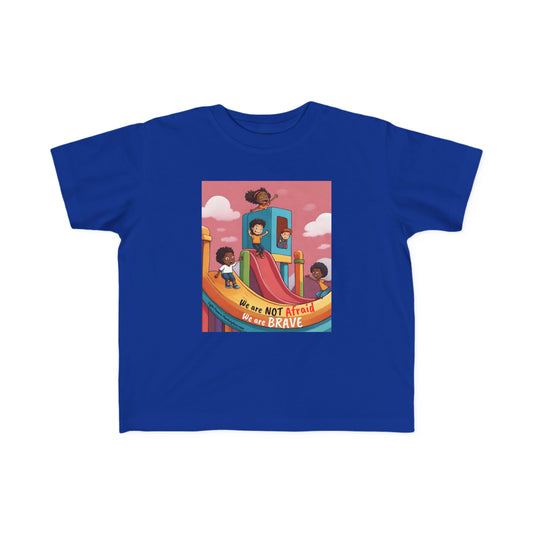 A Brave Toddler T-shirt featuring cartoon characters, perfect for sensitive skin. 100% combed cotton, durable print, light fabric, tear-away label, classic fit, true to size.