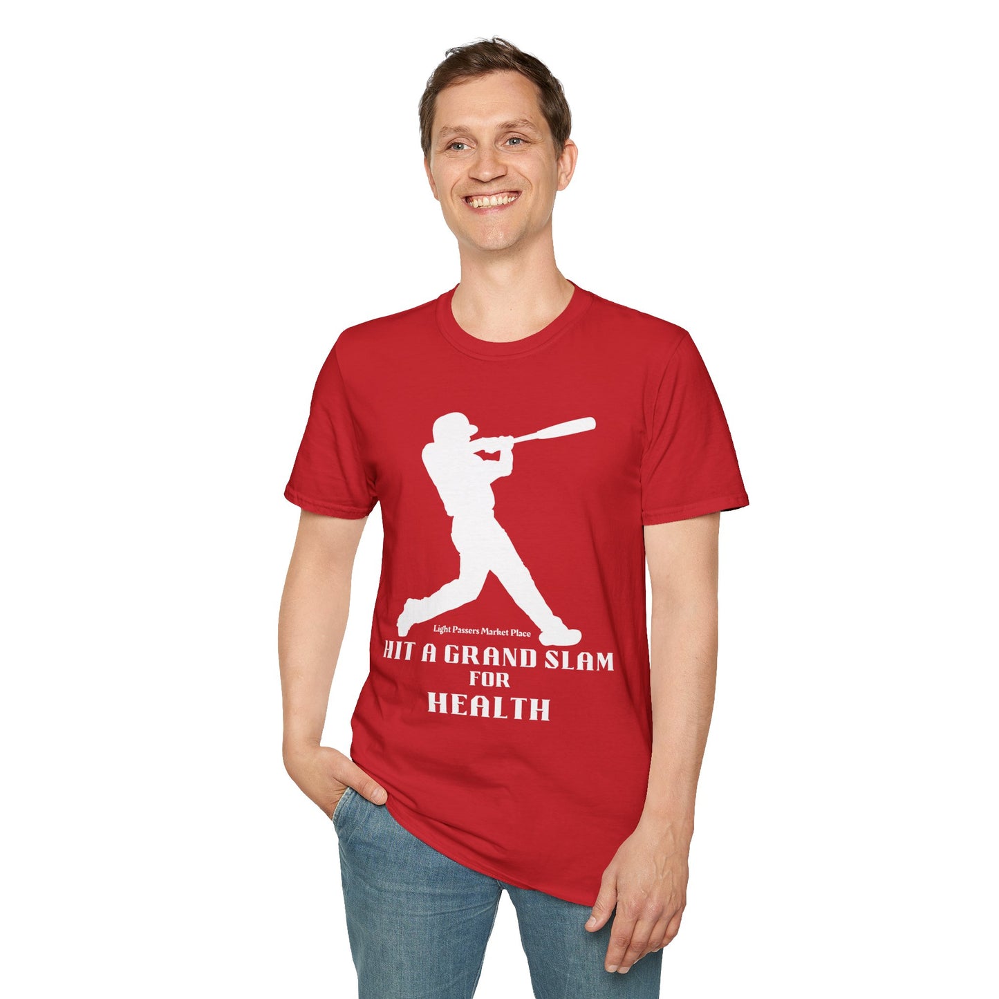 A person in a red Grand Slam For Health unisex t-shirt swinging a bat, showcasing the tee's soft 100% cotton fabric, twill tape shoulders, and ribbed collar for durability and comfort.
