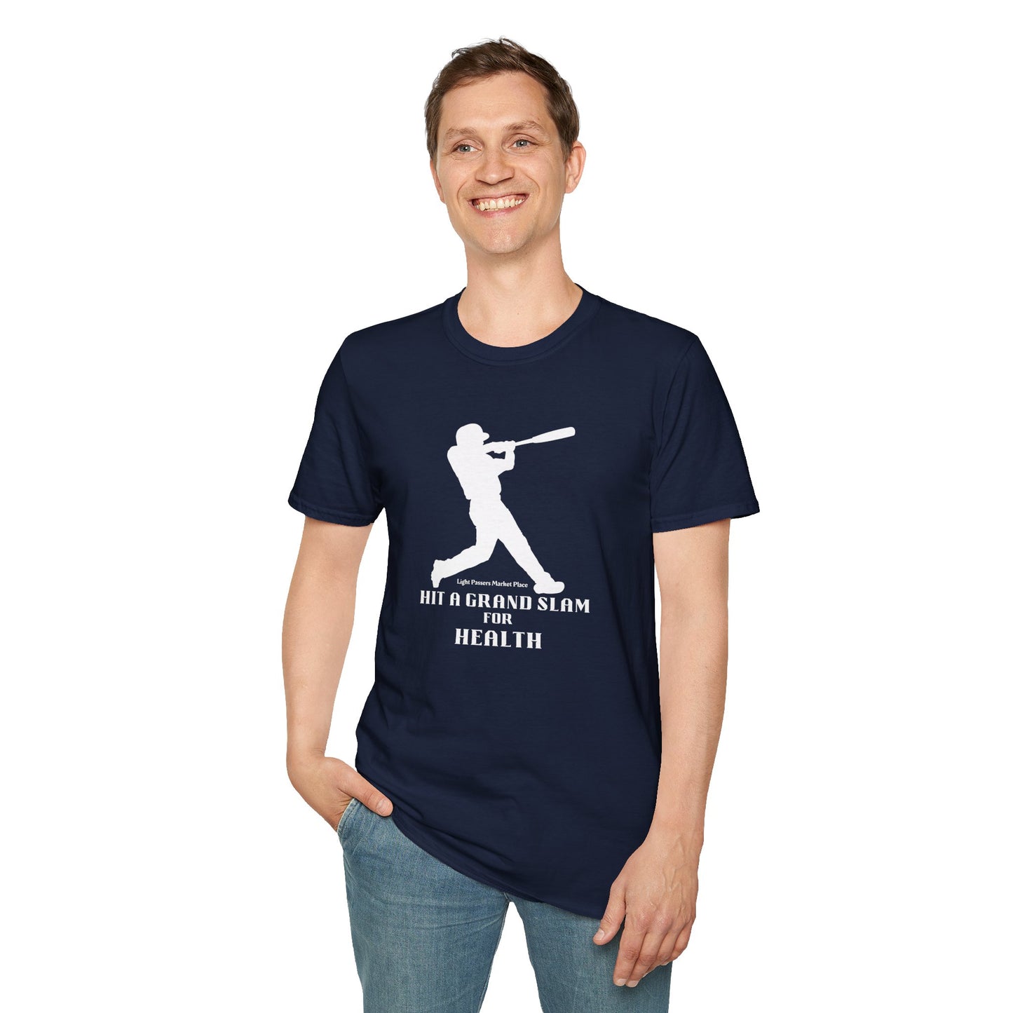 A man in a blue Grand Slam For Health unisex t-shirt with a baseball bat design, showcasing a soft 100% cotton tee with twill tape shoulders and ribbed collar.