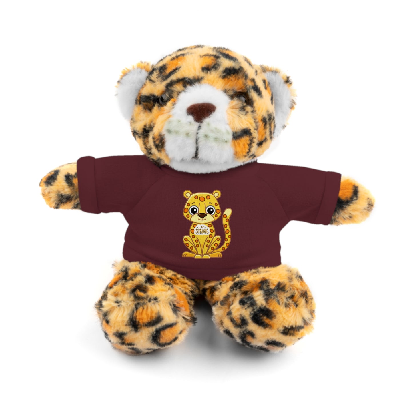 Jaguar Stuffie wears a shirt with a jaguar design saying I am Strong, perfect for children 3+, 8 tall, soft and cuddly.