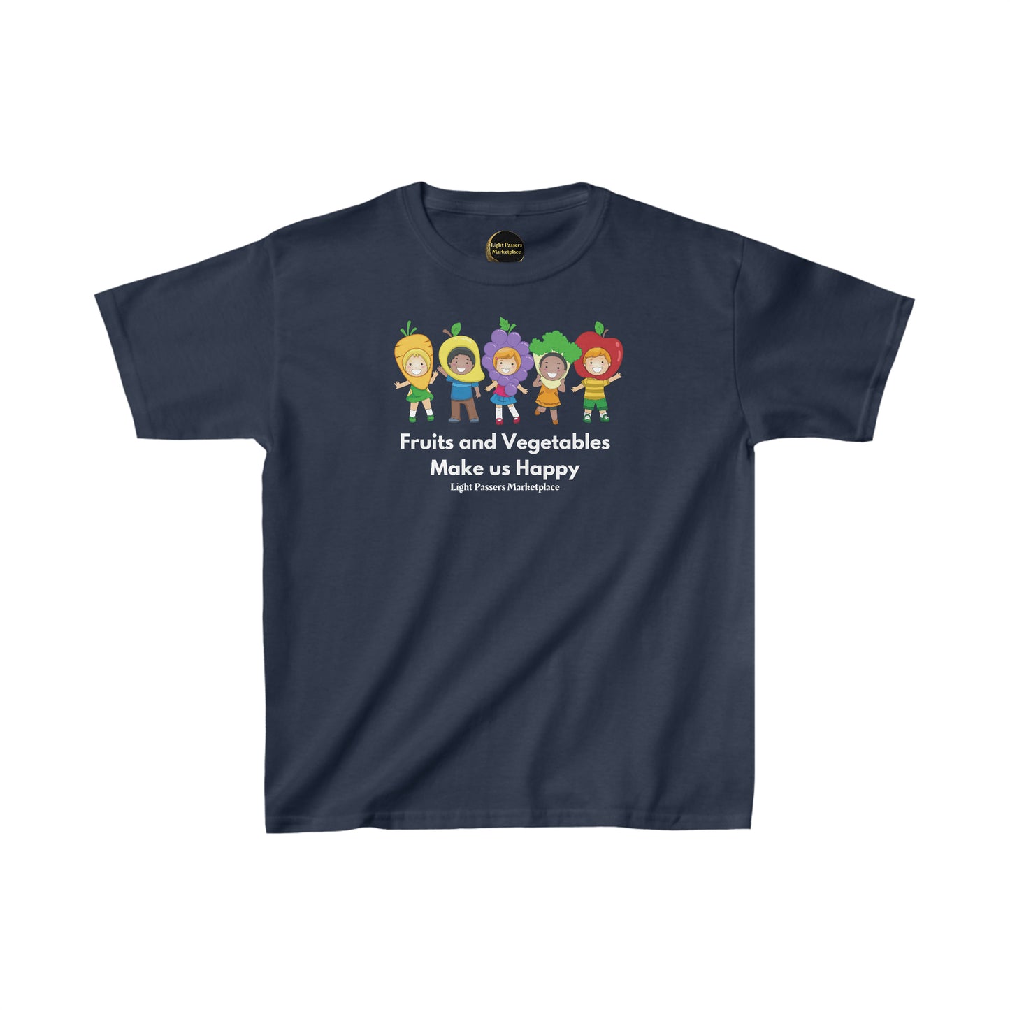 Youth t-shirt featuring cartoon characters of kids in fruit clothing, made of 100% cotton with twill tape shoulders for durability and ribbed collar for curl resistance. Ethically sourced US cotton, tear-away labels, and Oeko-Tex certified for quality.