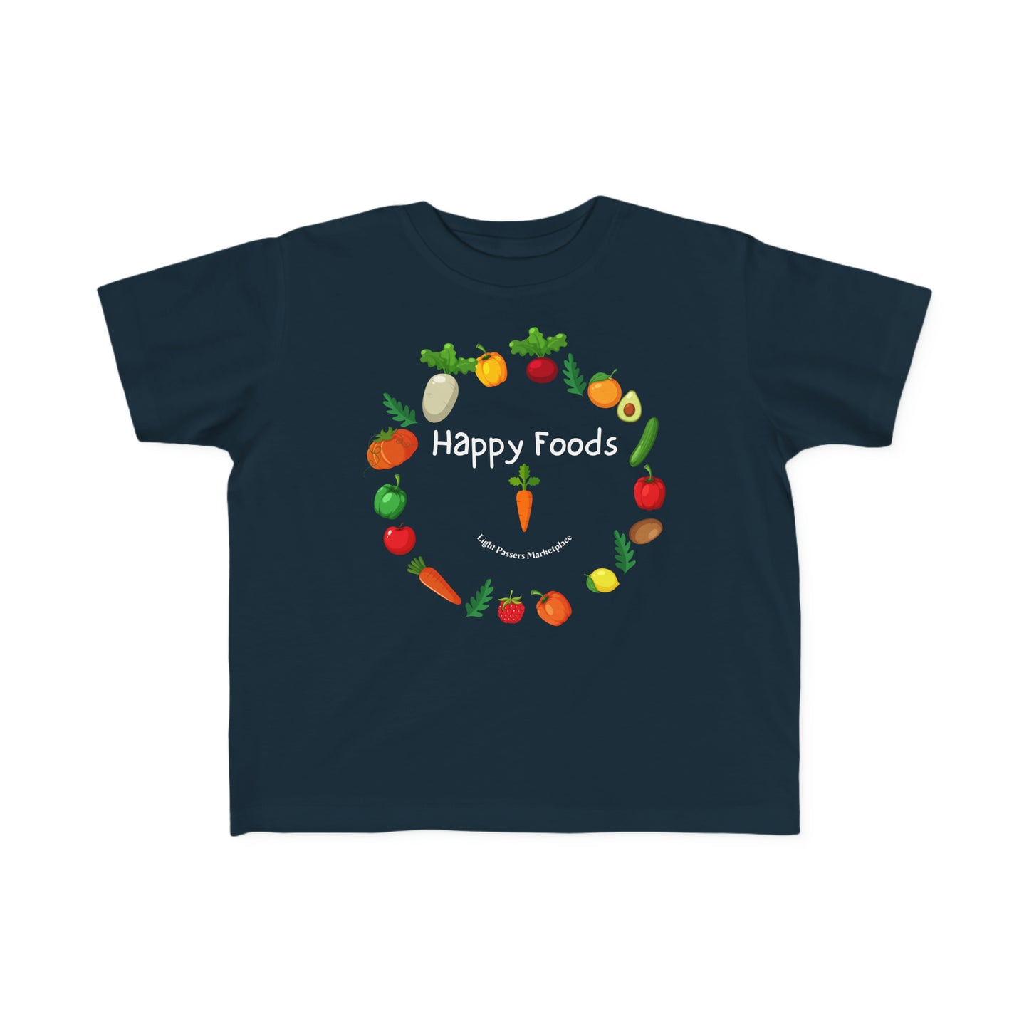 A toddler's Happy Foods Ring T-shirt with a smiley face of vegetables, perfect for sensitive skin. 100% combed cotton, light fabric, tear-away label, classic fit.