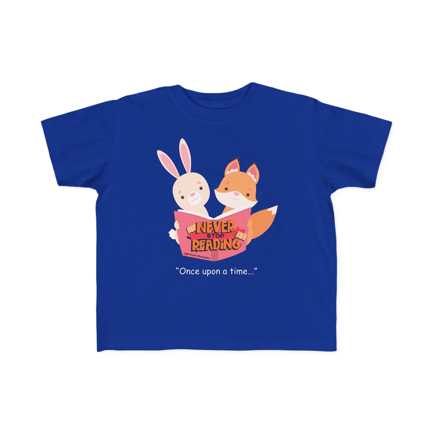 A toddler's tee featuring a cartoon fox and rabbit reading a book, embodying the theme Never Stop Reading. Made of soft, durable cotton with a tear-away label, perfect for little bookworms.