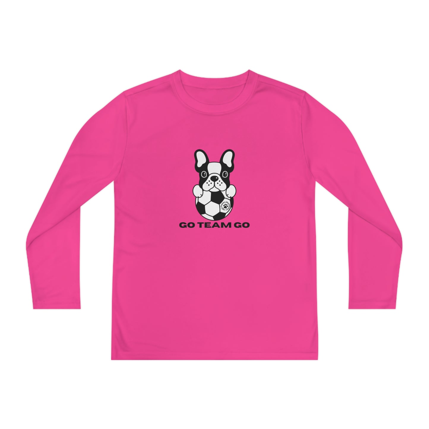 Youth Long Sleeve Soccer Dog Go Team Go featuring a playful dog with a football, ideal for young soccer fans and sports events.