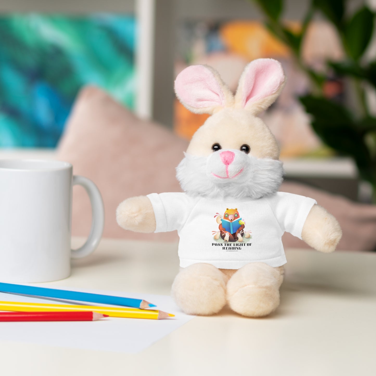 Stuffed Bunny Pass the Light of Reading plush toy wearing a shirt, ideal for children who love reading and cuddling.