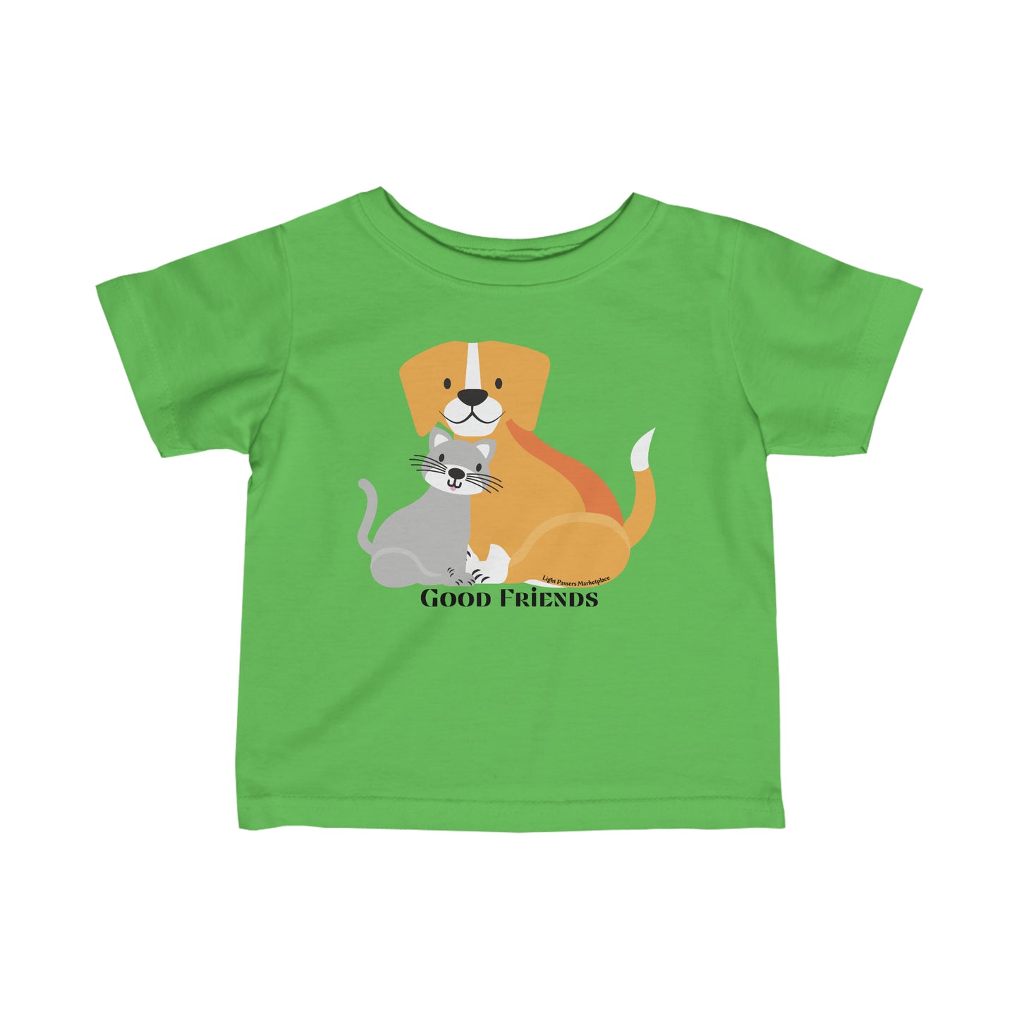 Infant fine jersey tee with a cartoon cat and dog design. Side seams, ribbed knitting, and taped shoulders for durability and comfort. 100% Combed ringspun cotton. Classic fit.