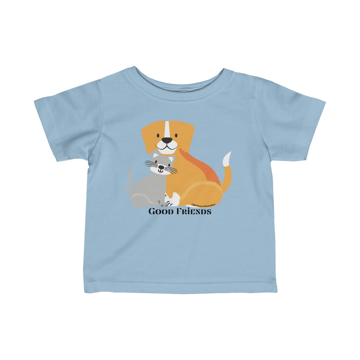 Infant fine jersey tee with a cartoon cat and dog design. Side seams, ribbed knitting, and taped shoulders for durability and comfort. 100% Combed ringspun cotton. Classic fit.