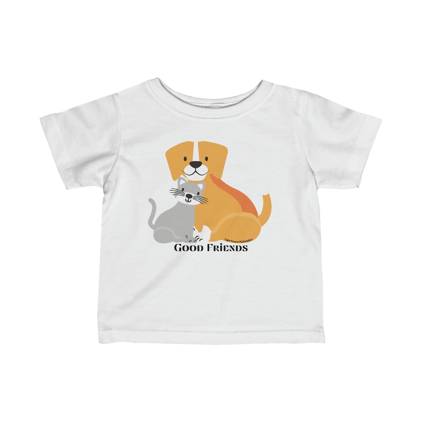 Infant fine jersey tee featuring cartoon cat and dog characters, ribbed knitting for durability, taped shoulders for comfort. 100% Combed ringspun cotton, light fabric, classic fit.