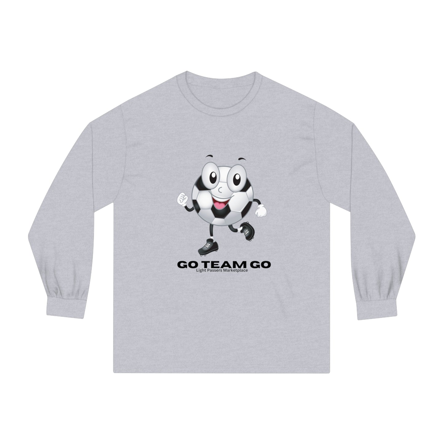 Soccer Ball Guy Long Sleeve Teams Adult Unisex t-shirt featuring a cartoon football design, ideal for sports fans, with durable hems and a classic fit.