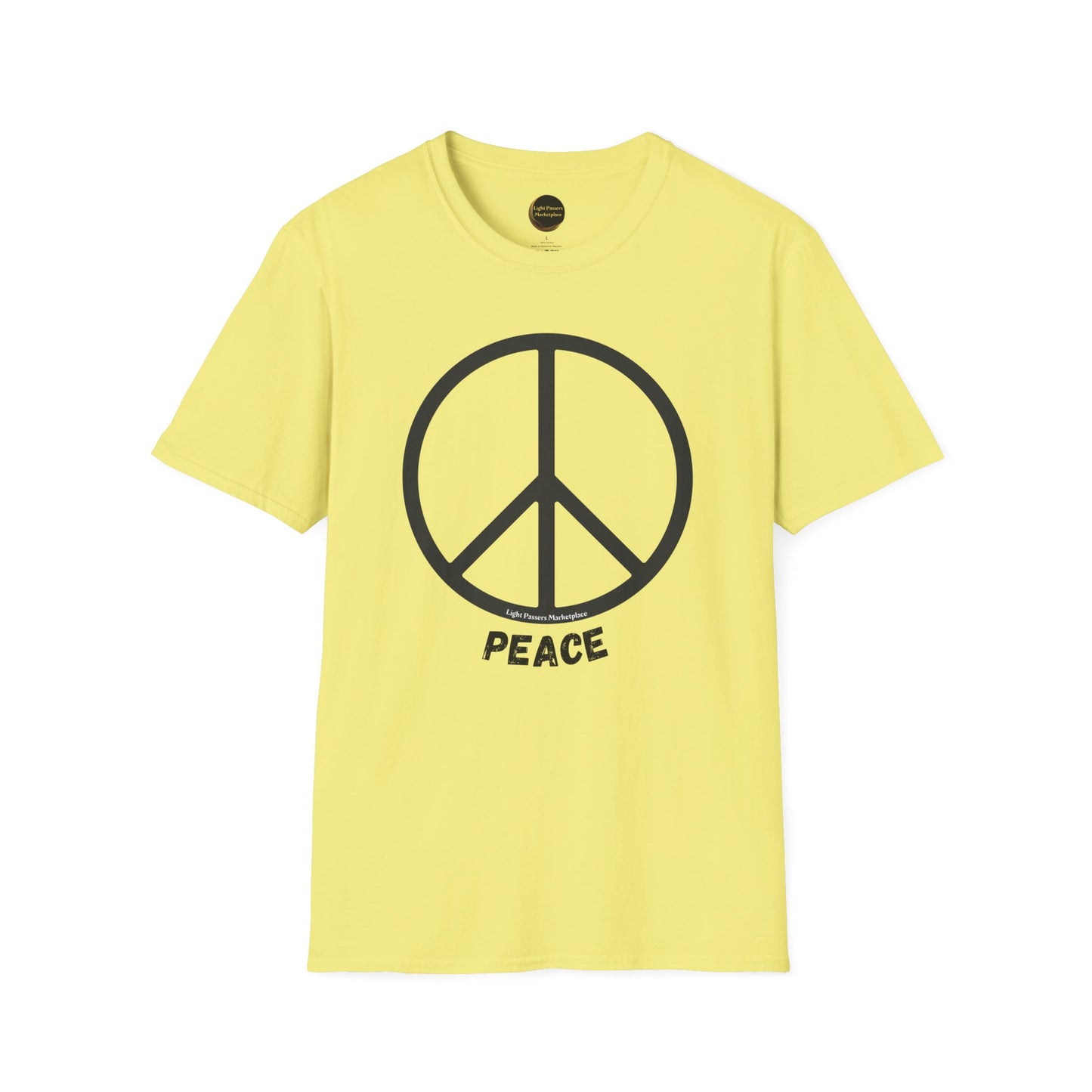 Love and Peace Black or White Peace Sign Adult Unisex T-Shirt featuring a yellow design with a peace symbol, showcasing a casual and soft-style fit.