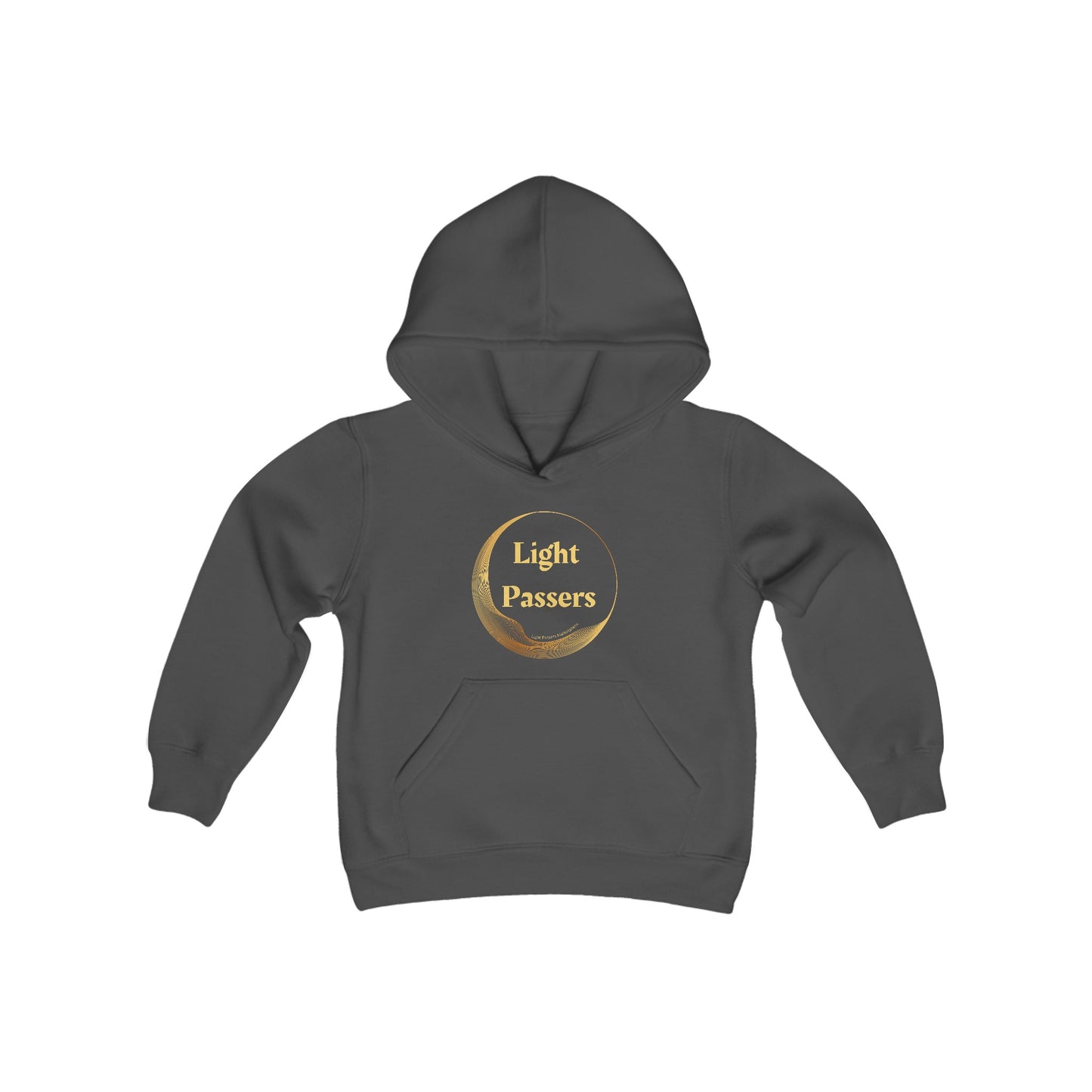 A grey youth hooded sweatshirt with a gold logo, kangaroo pocket, and twill taping. Made of soft 50% cotton, 50% polyester fleece for comfort and durability.