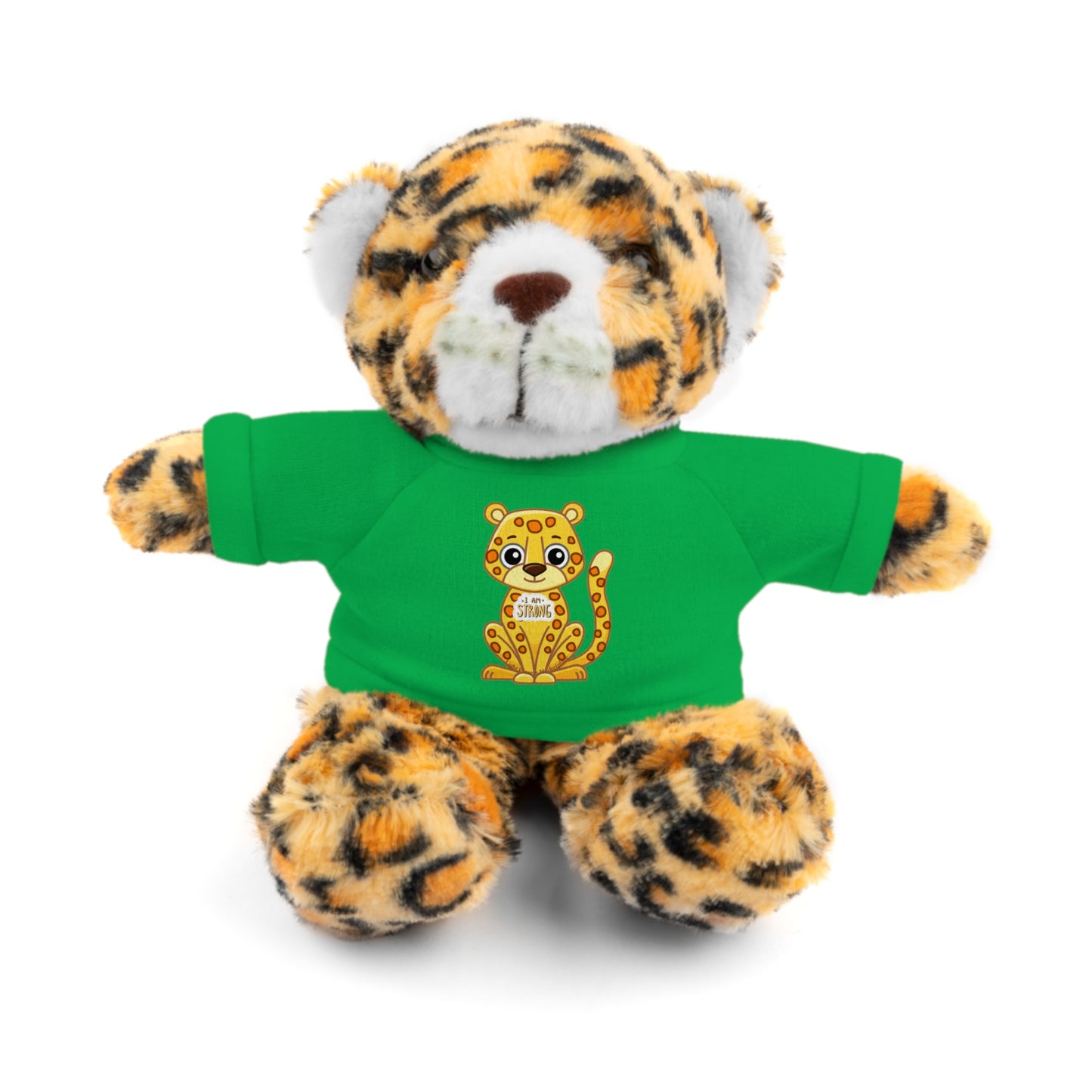 Jaguar Stuffie with I am Strong shirt, 8 plush toy, ideal for kids 3+, wearing a green shirt with a jaguar design.