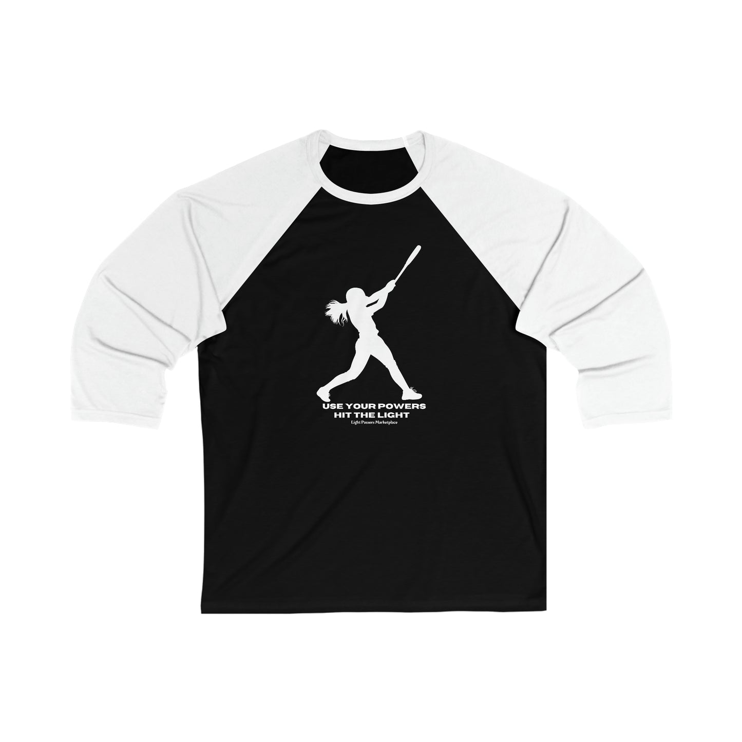 Unisex 3/4 sleeve baseball tee featuring a black and white design with a baseball bat and a woman swinging a bat. Ribbed collar, airy fabric, and durable seams for a modern fit.