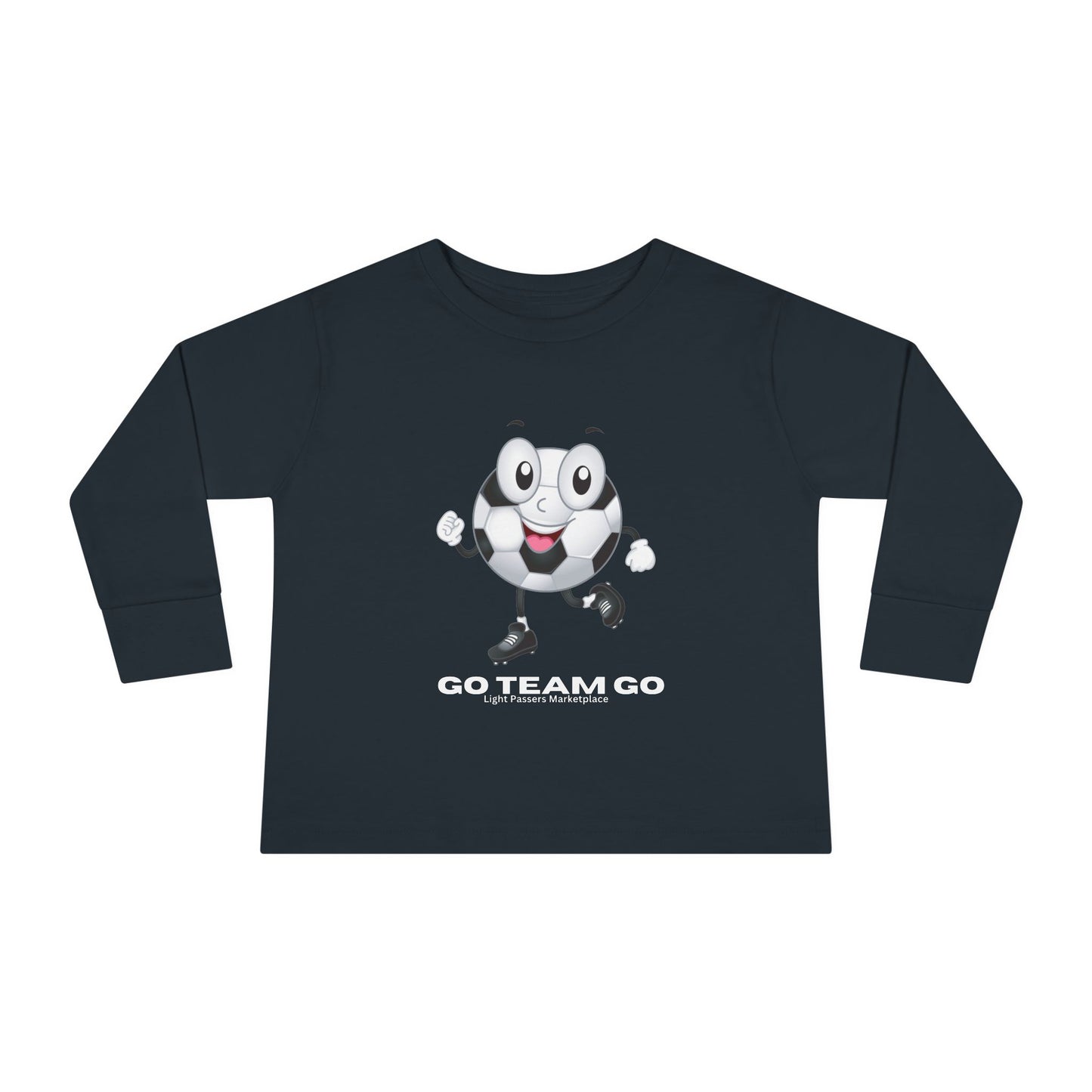 Soccer Ball Guy Toddler Long Sleeve features a cartoon football character with arms and legs, ideal for young sports enthusiasts and casual wear.