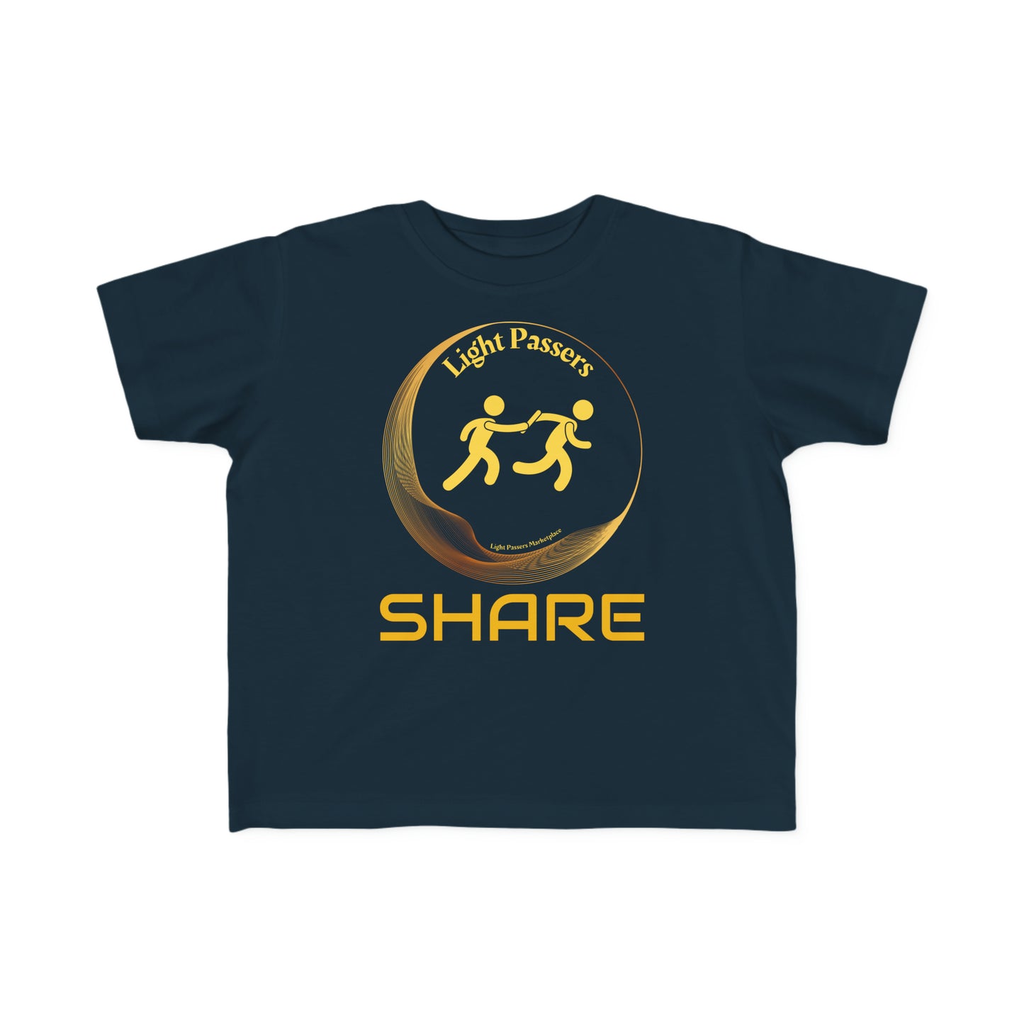 A toddler t-shirt featuring a blue shirt with yellow logo and text, ideal for sensitive skin. Made of 100% combed, ring-spun cotton with a durable print. Classic fit, tear-away label, and light fabric.