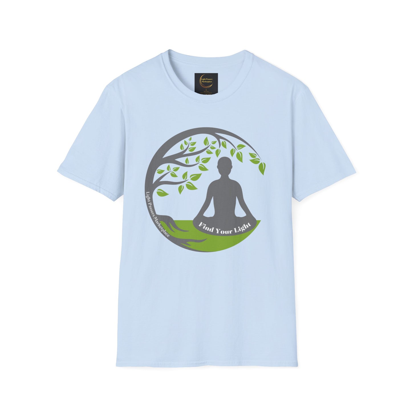 A light blue unisex t-shirt featuring a logo of a person meditating under a tree. Made of soft 100% ring-spun cotton, with twill tape shoulders for durability and a clean crew neckline for versatile style. Ethically produced by Gildan.