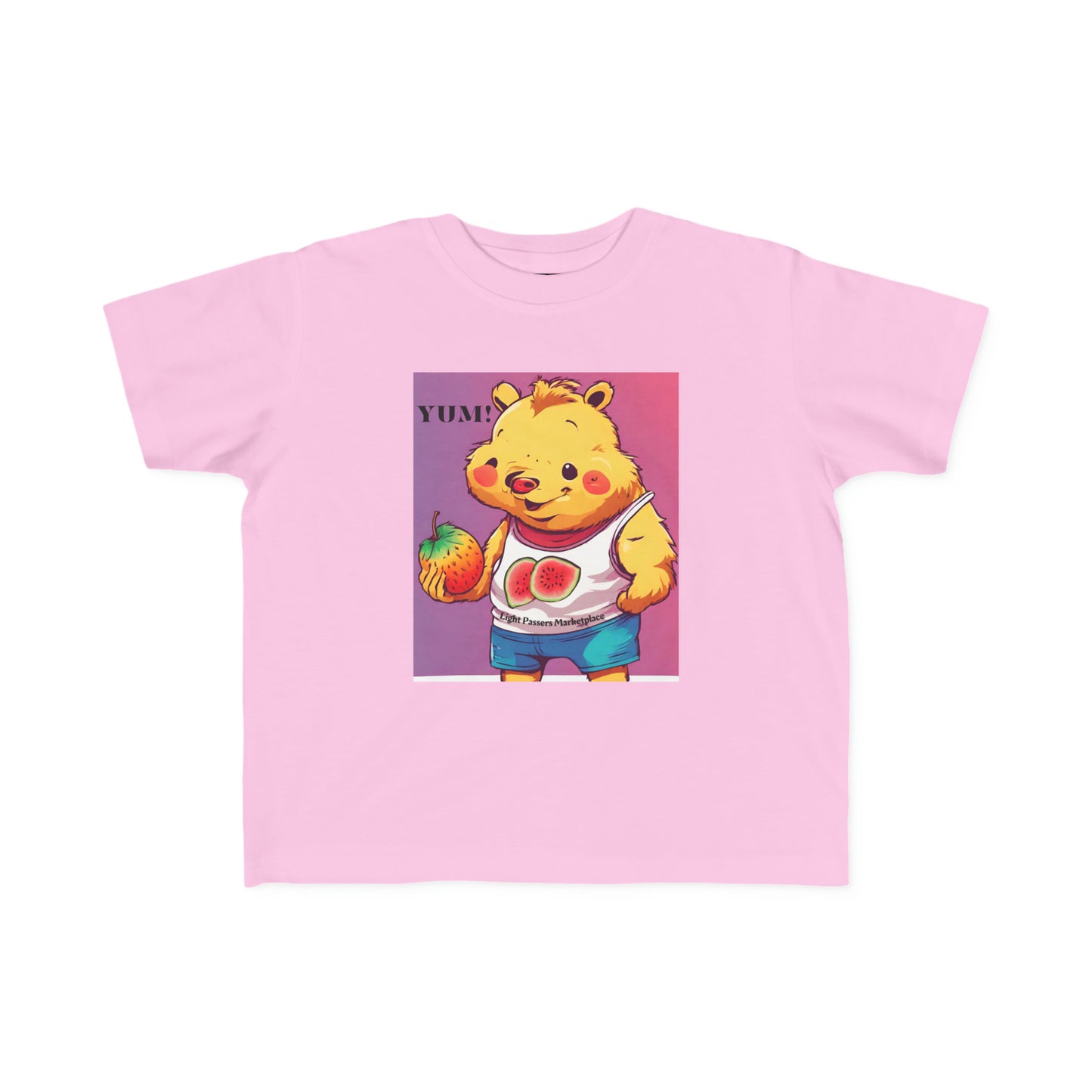 Yum Strawberries Toddler T-shirt featuring a pink shirt with a cartoon bear holding fruit. Soft 100% combed cotton, durable print, tear-away label, perfect for sensitive skin.