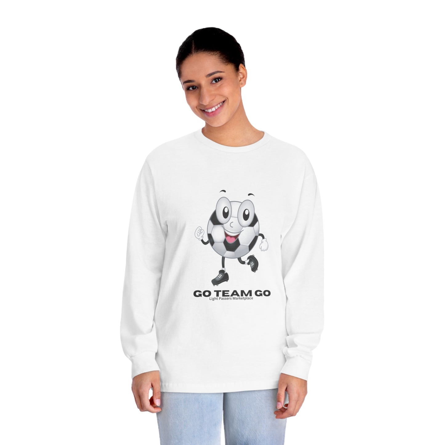 Soccer Ball Guy Unisex Long Sleeve features a cartoon football design, ideal for sports events, with durable hem and ribbed collar for a classic fit.