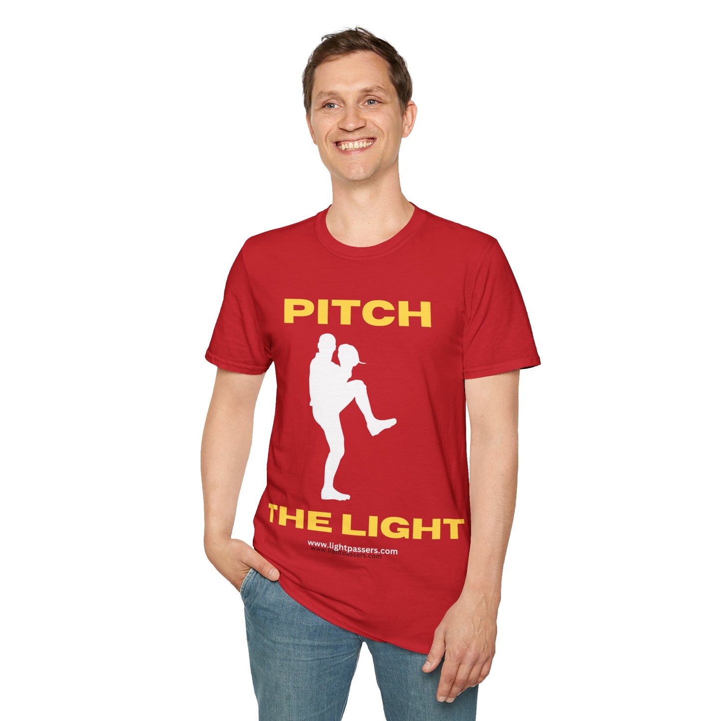 A man in a red shirt smiling, wearing a light fabric unisex t-shirt. Made of 100% ring-spun cotton, with twill tape shoulders for durability and a ribbed collar. No side seams, tear-away label.