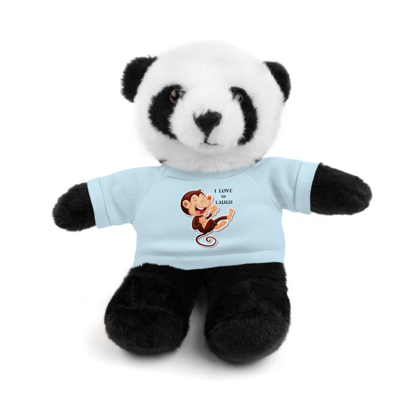 Cool Stuff Stuffies Panda plush toy wearing removable I Love to Laugh Monkey T-shirt, perfect for kids to play and snuggle.