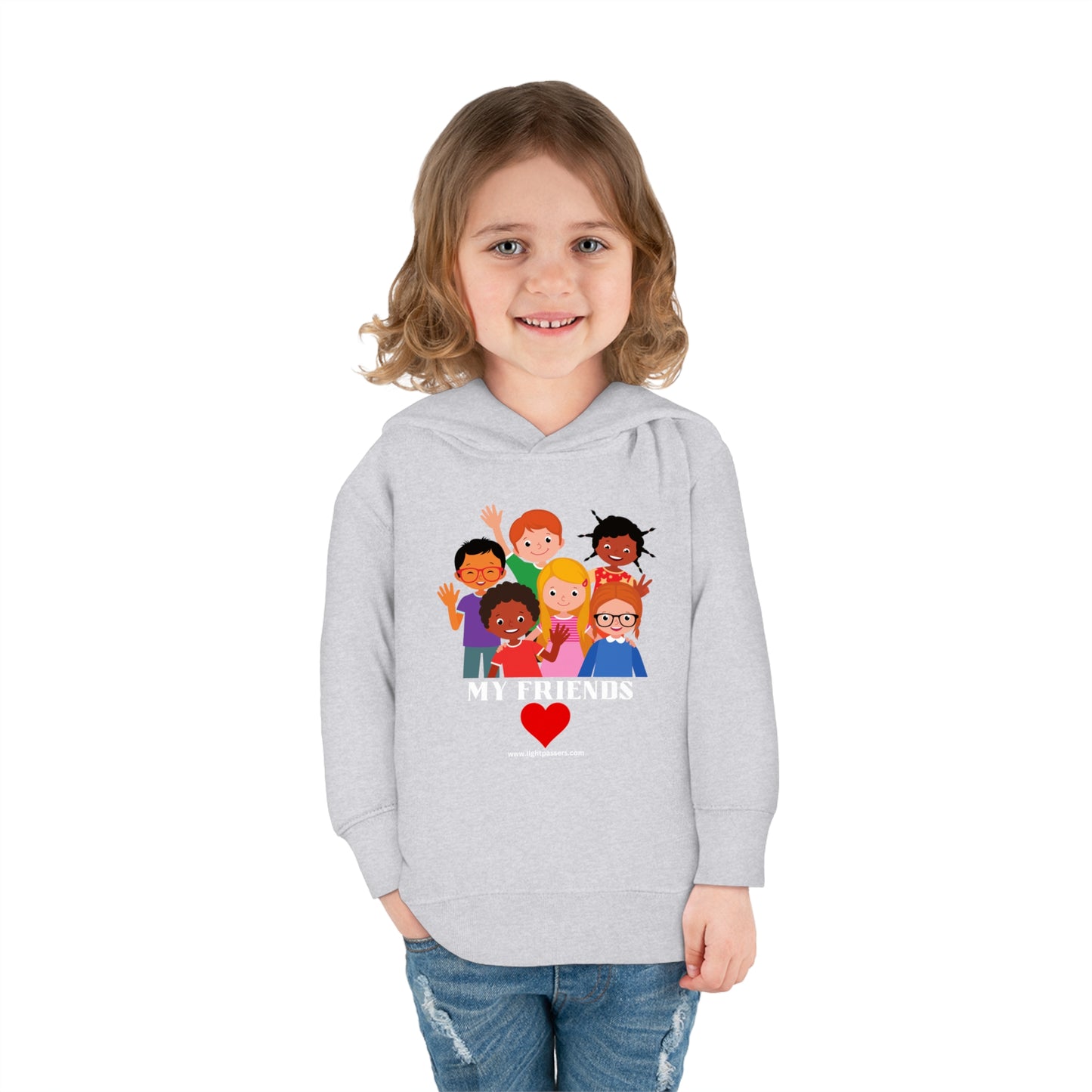 A personalized toddler hoodie by Rabbit Skins, featuring cartoon characters, side seam pockets, and cover-stitched details for durability and comfort.