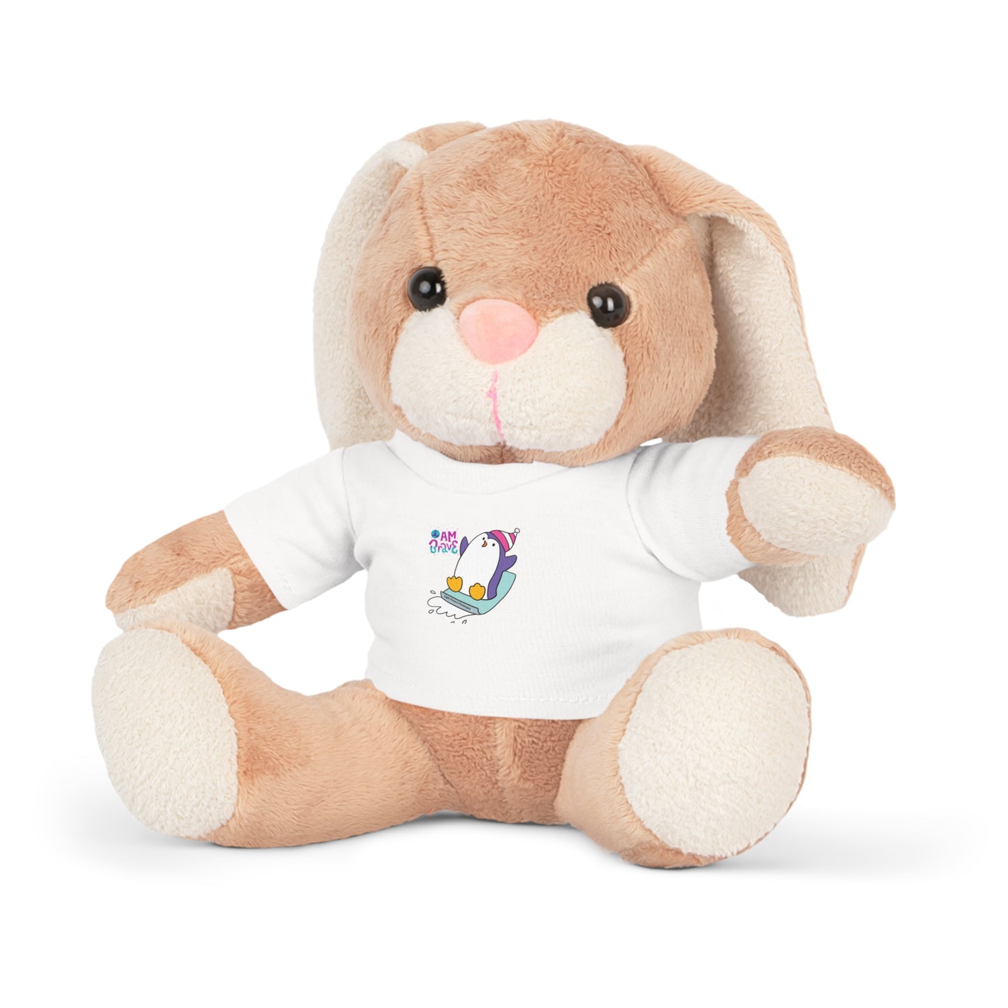Stuffed bunny with long ears, wearing a removable white shirt featuring the 'I am Brave' Penguin design. Part of Cool Stuff Stuffies collection.