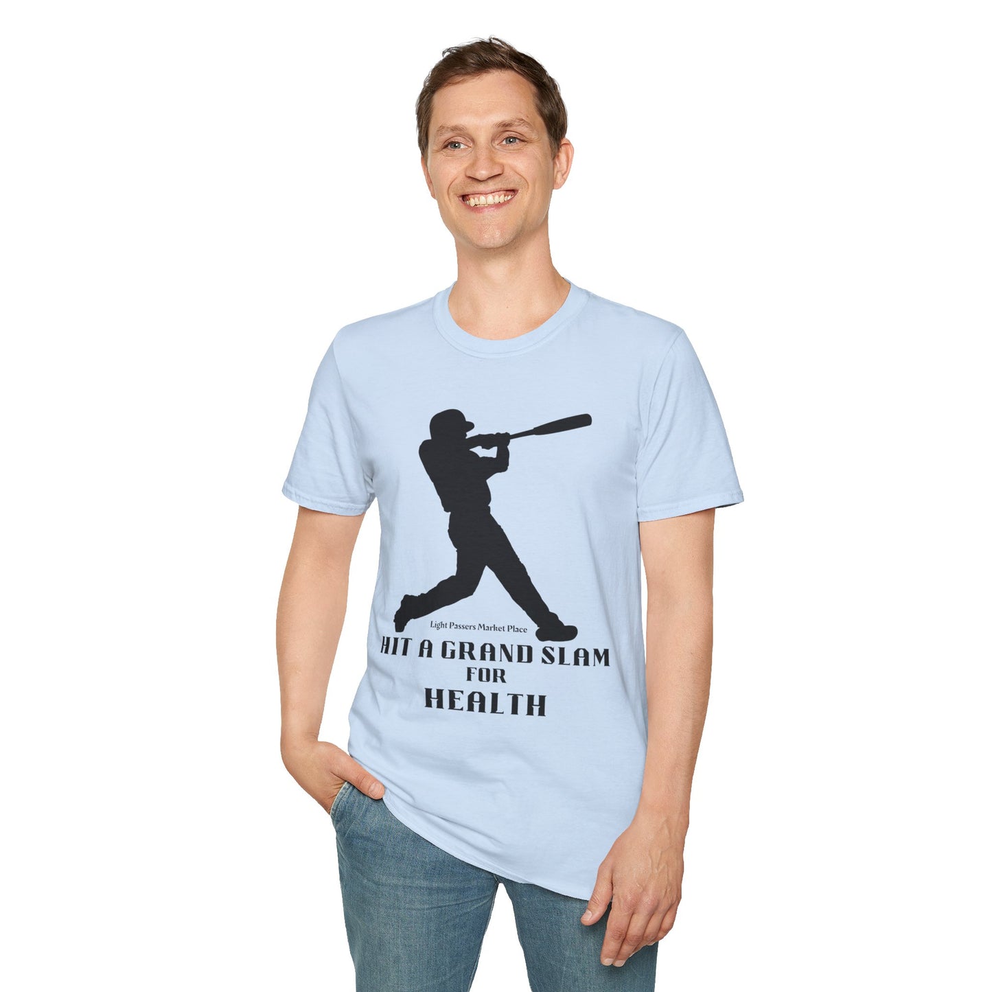 A person in a blue Grand Slam For Health unisex t-shirt swinging a baseball bat, showcasing a casual, comfortable fit with twill tape shoulders and ribbed collar.
