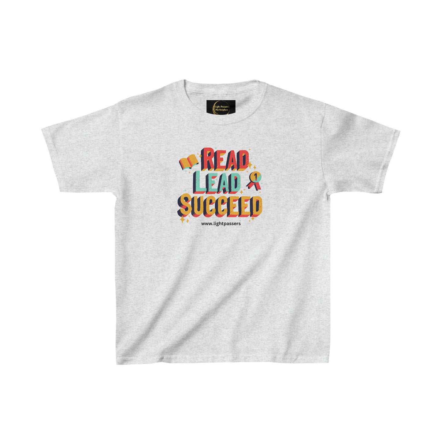 A white youth t-shirt with colorful Read Lead and Succeed text. Made of 100% cotton, featuring twill tape shoulders and ribbed collar. Ideal for everyday wear.