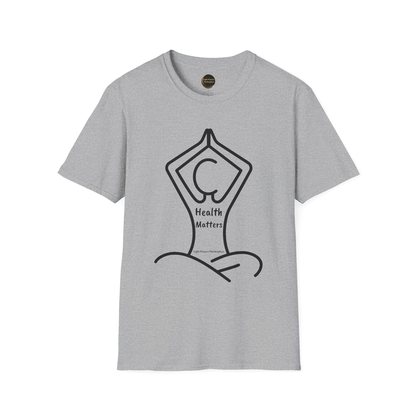 A grey unisex t-shirt featuring a person in a yoga pose logo. Made of soft 100% cotton, with twill tape shoulders for durability and a ribbed collar. Lightweight and versatile for year-round comfort.