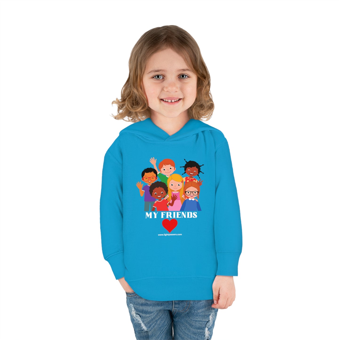 A toddler wearing a My Friends Toddler Hoodie, smiling at the camera. Blue sweatshirt with cartoon characters, side-seam pockets, and double-needle hem hood for durability. Comfortable 60% cotton, 40% polyester fabric.