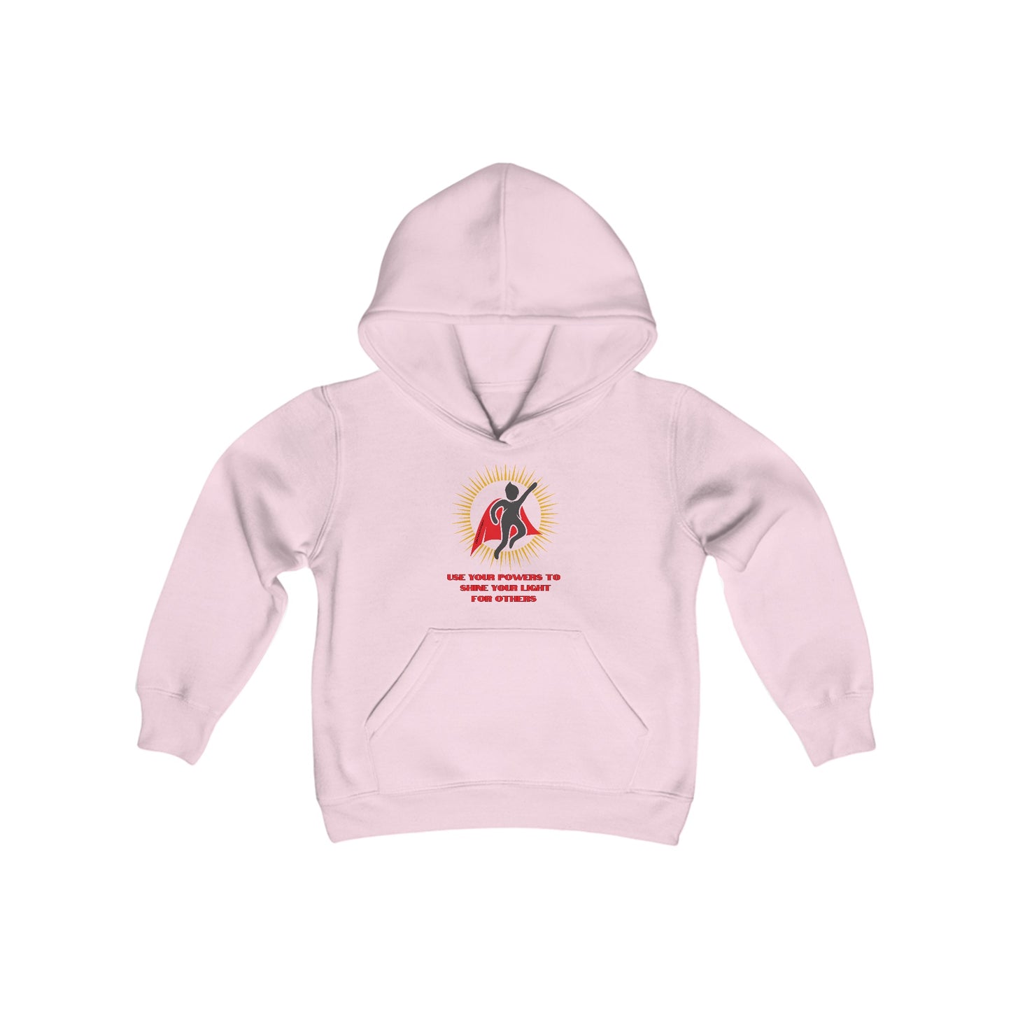 A pink hoodie with a logo, featuring a kangaroo pocket and twill taping. Made of soft, preshrunk fleece (50% cotton, 50% polyester). Ideal for printing.