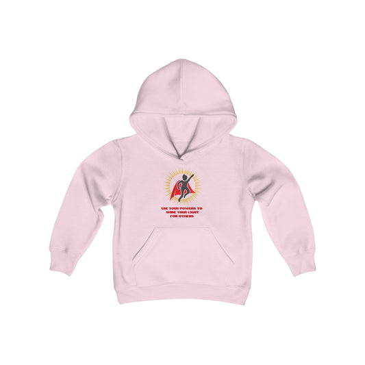 A pink hoodie with a logo, featuring a kangaroo pocket and twill taping. Made of soft, preshrunk fleece (50% cotton, 50% polyester). Ideal for printing.