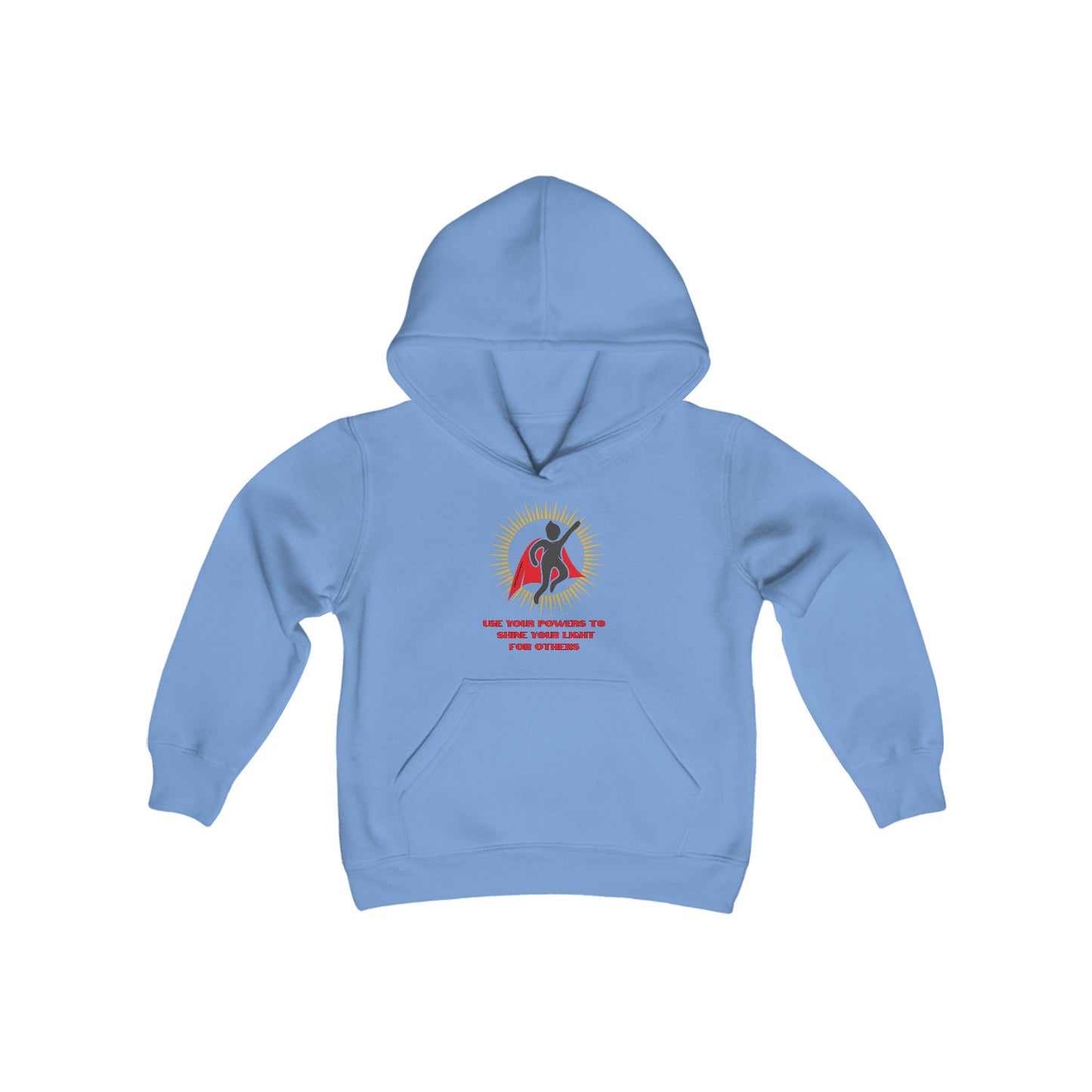 A youth blend hooded sweatshirt featuring a superhero logo, kangaroo pocket, and twill taping. Made of soft, preshrunk fleece (50% cotton, 50% polyester). Medium fabric weight, regular fit.